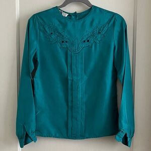 Vintage 80s Embroidered Yoke Back Button Blouse Top in Blue Green Size 1